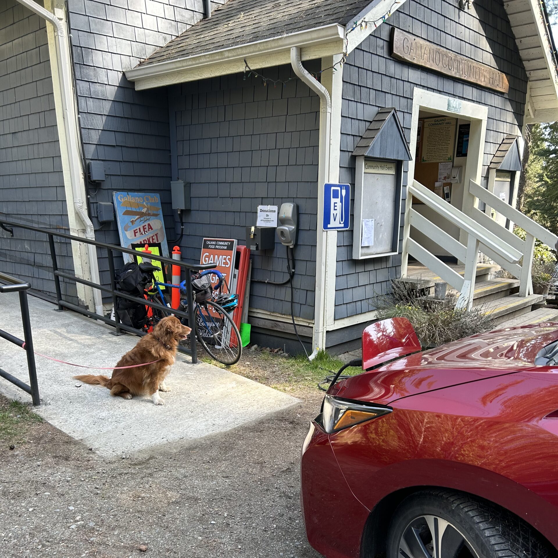 Red EV charging at a community hall with golden retriever dog looking on