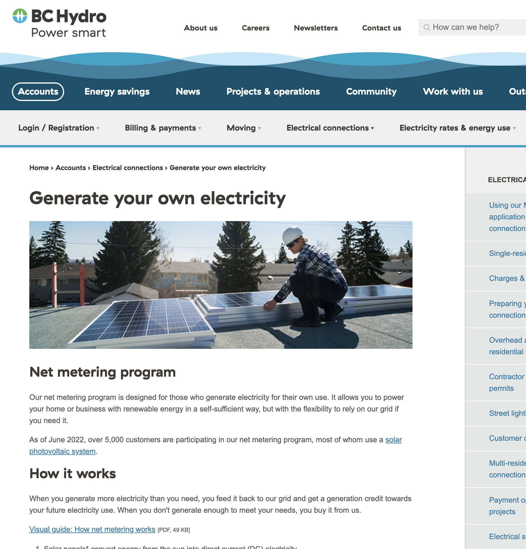 Screenshot of BC Hydro's Net Metering Program web page